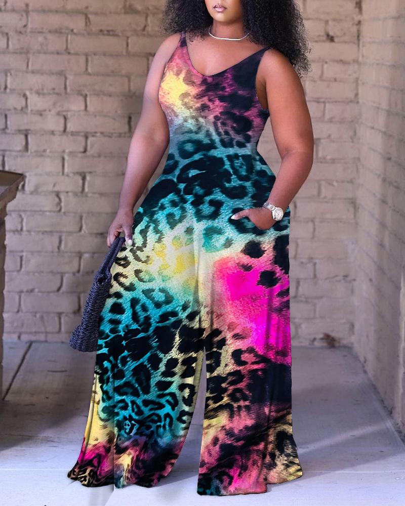 

Plus Size Ombre Leopard Print Wide Leg Jumpsuit, Multicolor