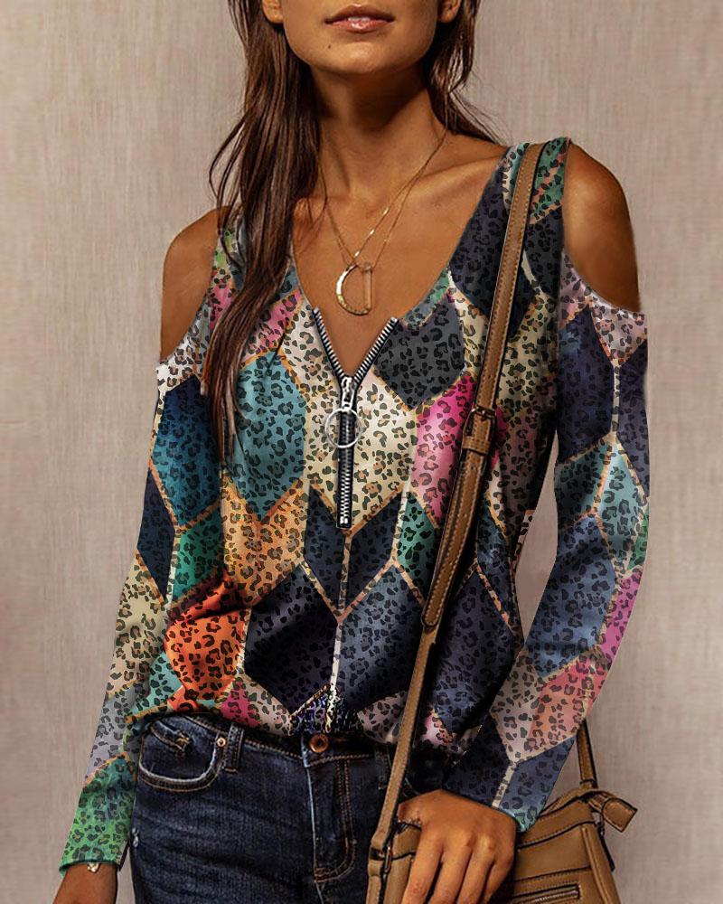 

Cold Shoulder Cheetah Print Colorblock Zip Front Top, Multicolor