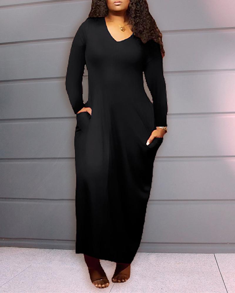 

Plus Size V Neck Long Sleeve Pocket Design Maxi Dress, Black