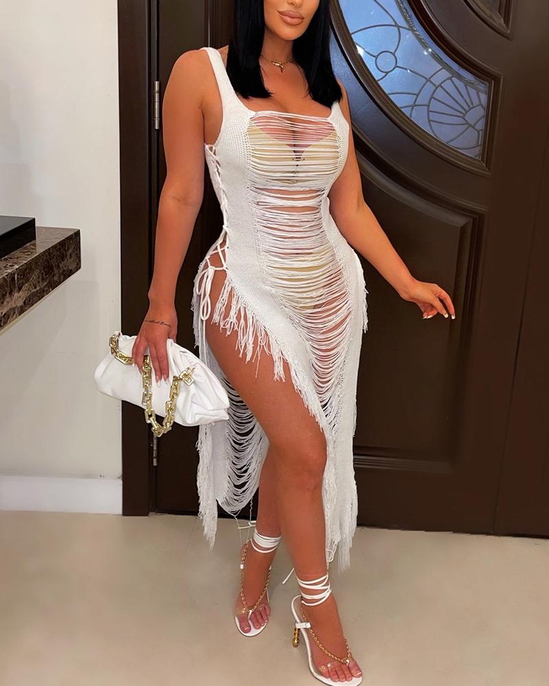 

Hollow Out Tassel Design Crochet Cover Up Dress, White