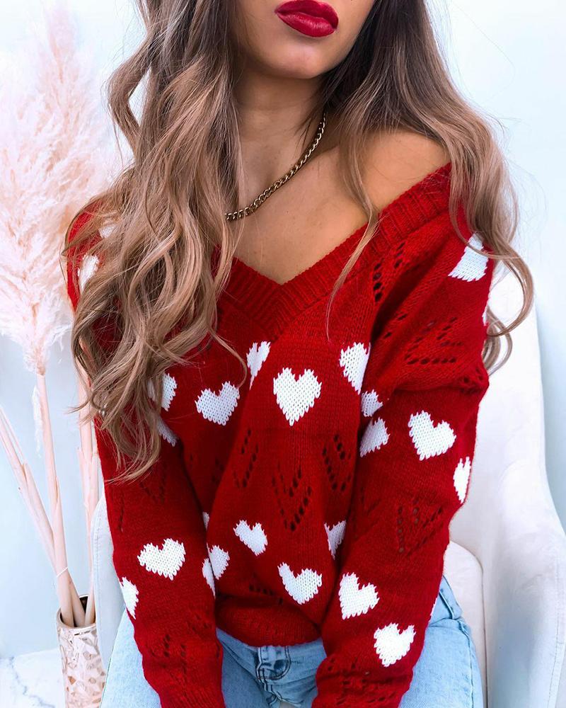 

Long Sleeve Heart Pattern Hollow-out Sweater, Red