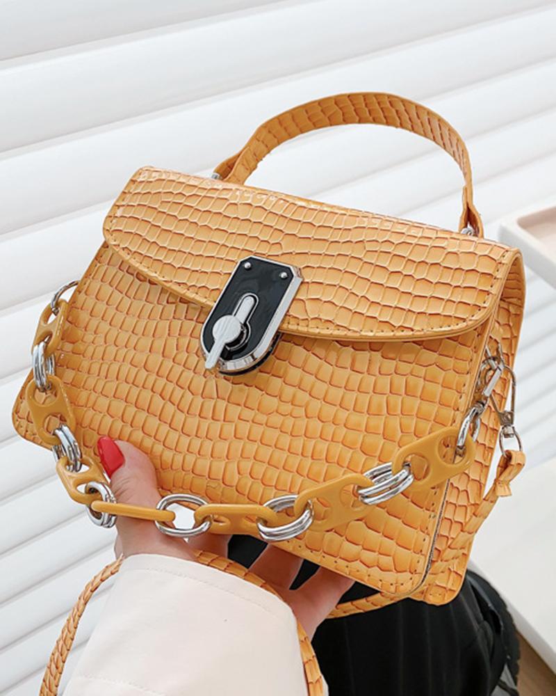 

Crocodile Top Handle Chain Strap Satchel Bag, Yellow