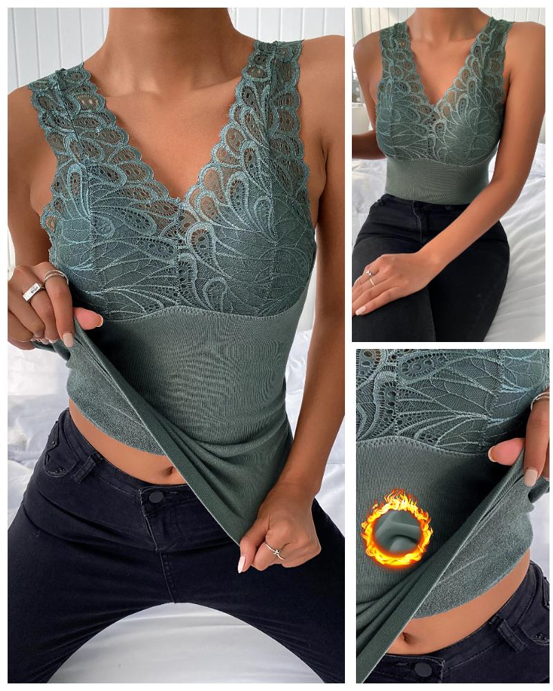 

Sleeveless Lace Trim Padded Fleece Lined Underwear Thermal Tank Top, Green