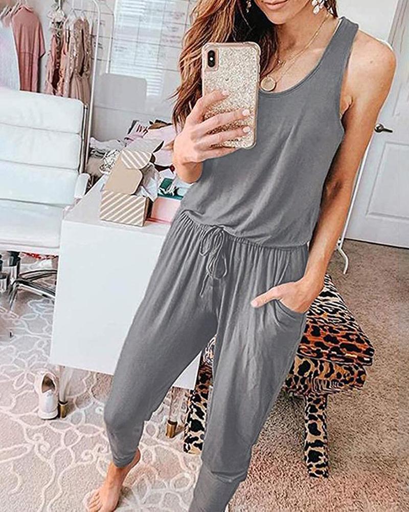 

Solid Thick Strap Pocket Design Jumpsuit, Gray