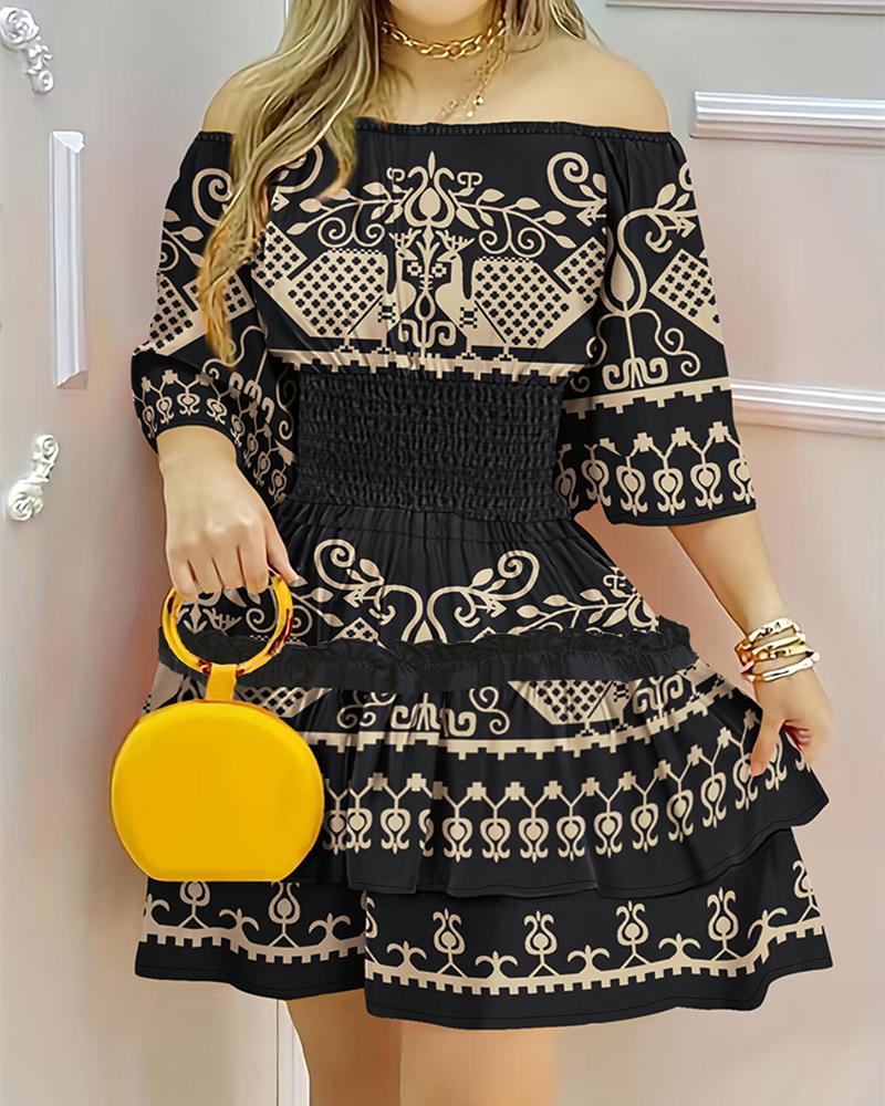 

Vestido com babados franzidos com estampa tribal, Black