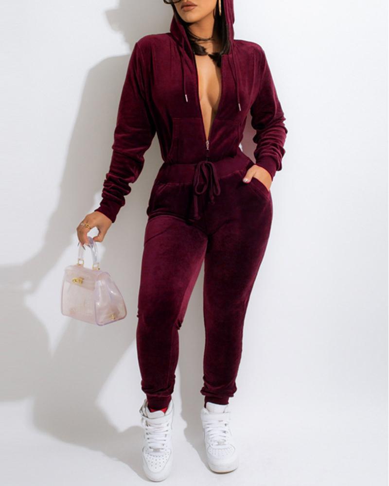 

Velvet Zipper Design Hooded Top & Pocket Design Pants Set, Wine red