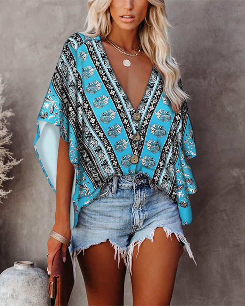 

Tribal Print Batwing Sleeve Button Front Top, Blue