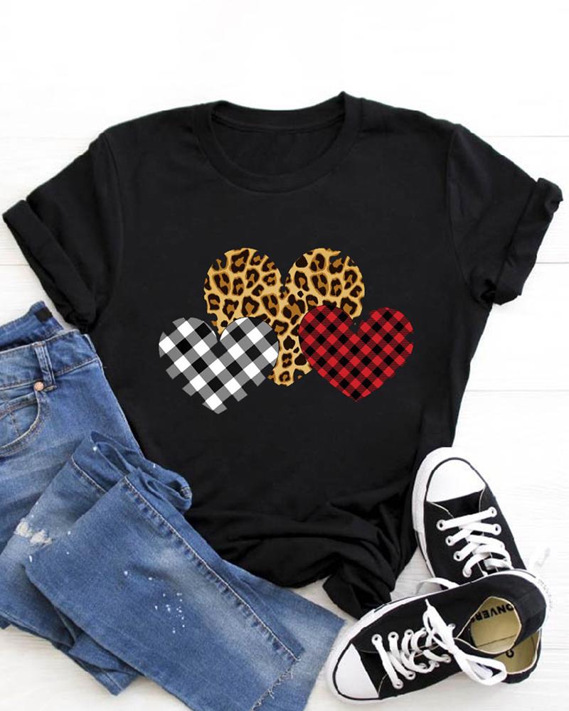 

Valentine's Day O-Neck Cheetah Heart Letter Print T-shirt, Style2