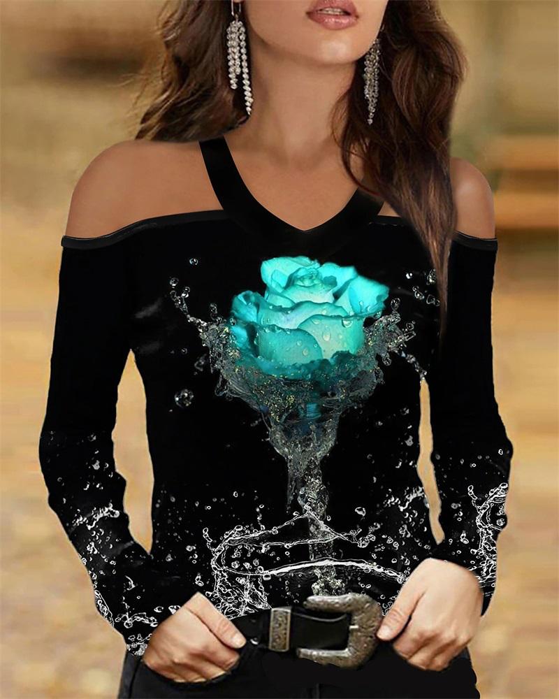 

Floral Print Cold Shoulder Top, Green