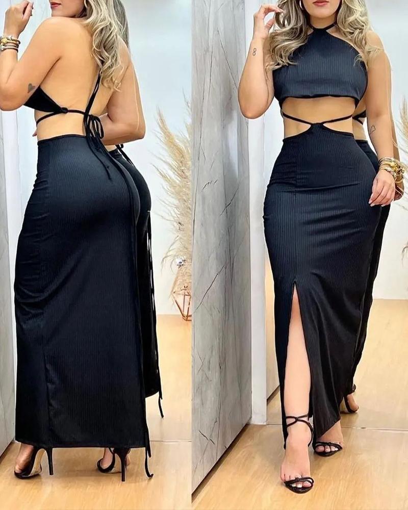 

Ribbed Halter Backless Crop Top & Slit Skirt Set, Black