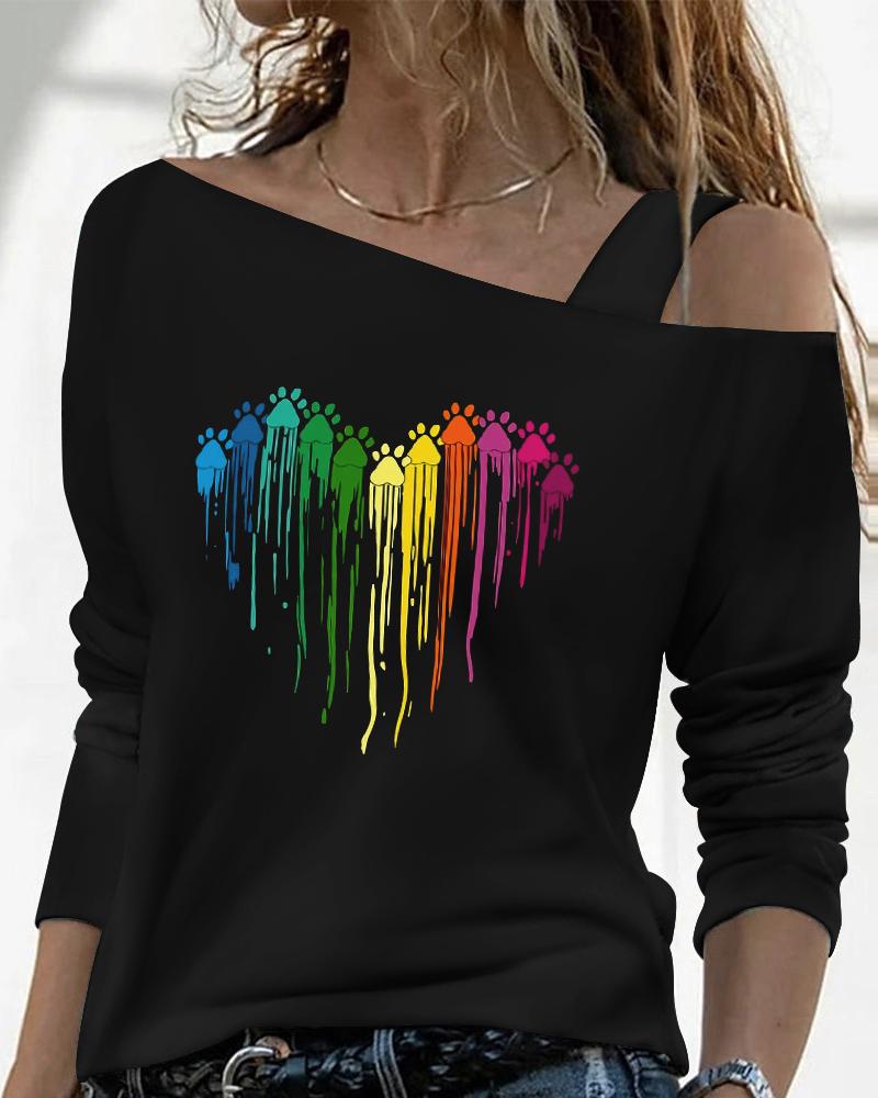 

Valentine' Day Heart Print Cold Shoulder Top, Black
