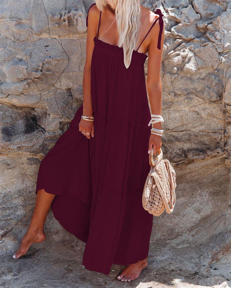 

Tied Detail Spaghetti Strap Frill Hem Casual Dress, Wine red