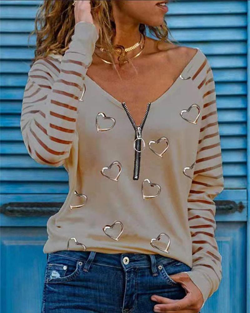 

Long Sleeve Zipper Design Heart Print Top, Coffee