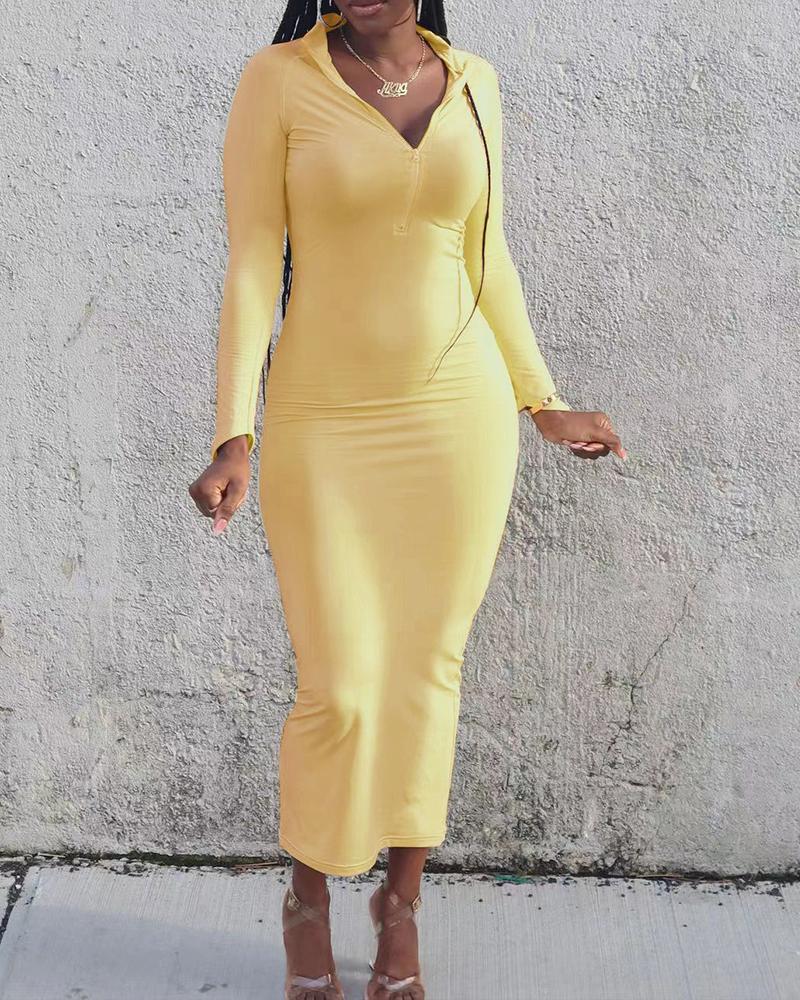 

Zip Front Long Sleeve Maxi Bodycon Dress, Yellow