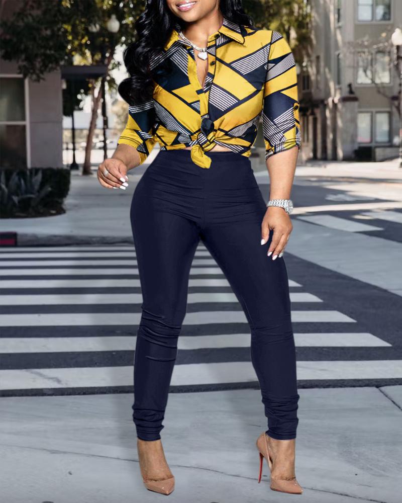 

Plus Size Striped Colorblock Buttoned Top & High Waist Pants Set, Multicolor