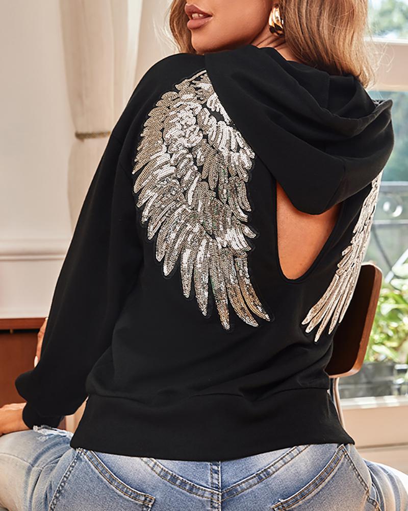 

Sequin Wing Pattern Cutout Hooded Top, Black