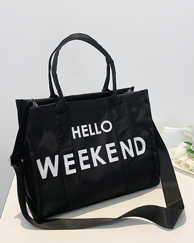 

Hello Weekend Letter Print Large Capacity Tote Bag, Black