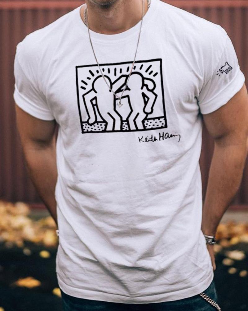 

Creative Cartoon Print Short Sleeve T-shirt, White