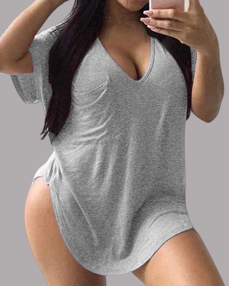 

V Neck Short Sleeve Casual T-shirt, Gray