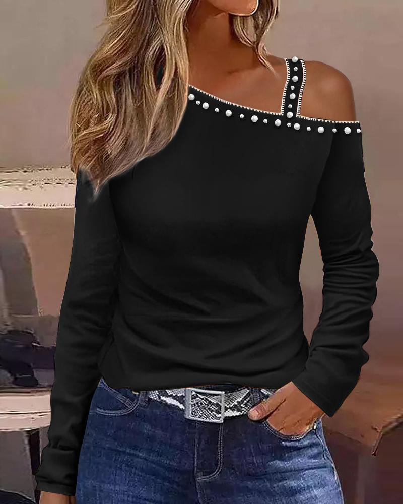 

Beaded Decor Cold Shoulder Long Sleeve Top, Black