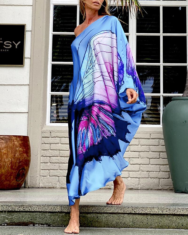 

Butterfly Print Asymmetrical One Shoulder Maxi Dress, Dark blue