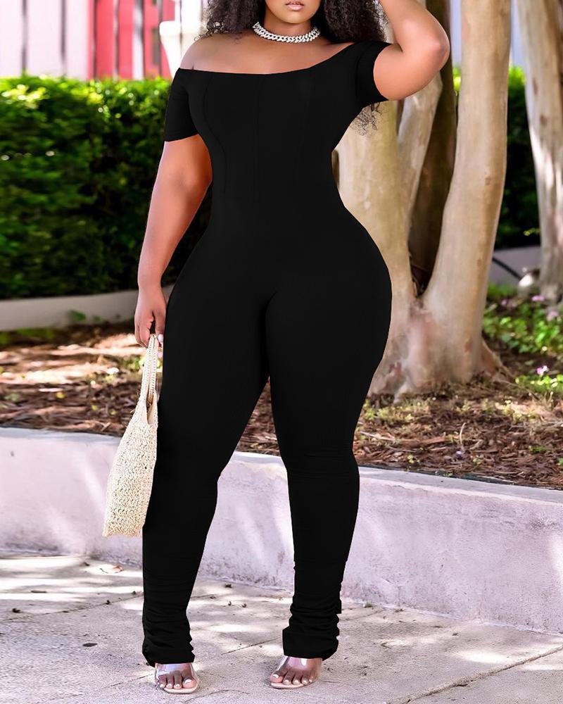 

Off Shoulder Short Sleeve Skinny Jumpsuit, Black