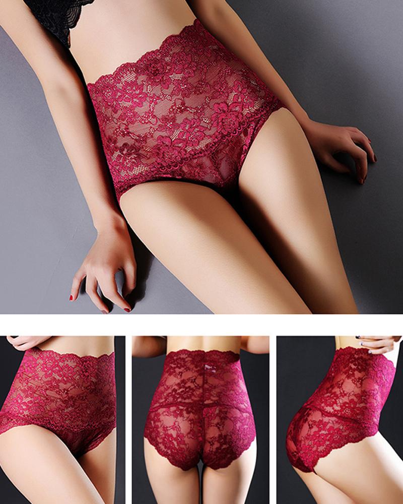

High Waist Floral Lace Transparent Underwear, Wine red