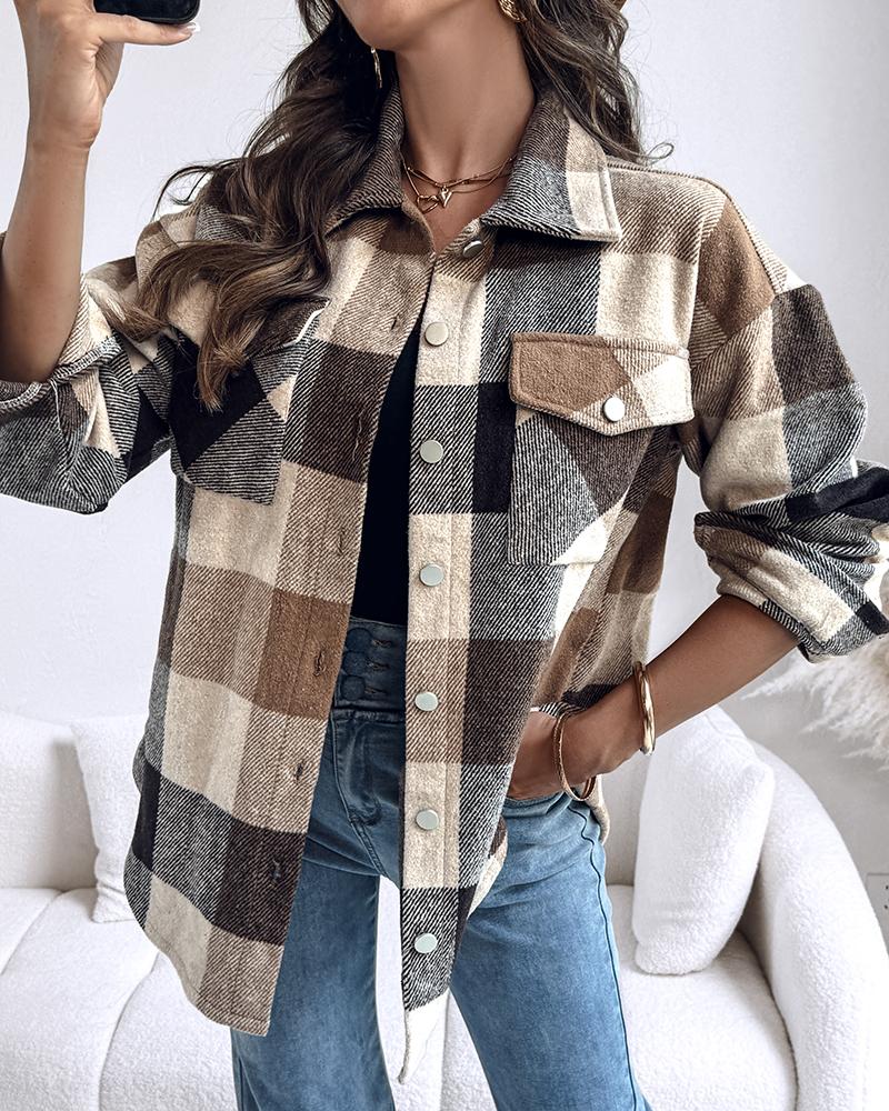 

Chaqueta informal con cuello vuelto, botones delanteros, bolsillos con solapa y estampado de cuadros vintage, estilo camisa holgada cepillada, Khaki