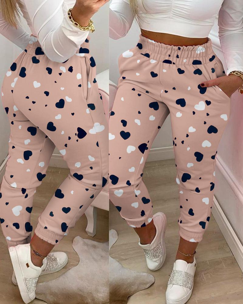 Pantalones casuales con diseño de bolsillo en la cintura fruncido con estampado de corazón