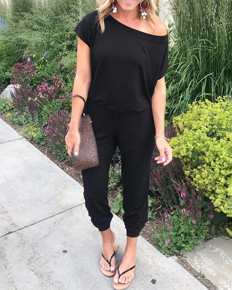

Skew Neck Keyhole Back Casual Jumpsuit, Black