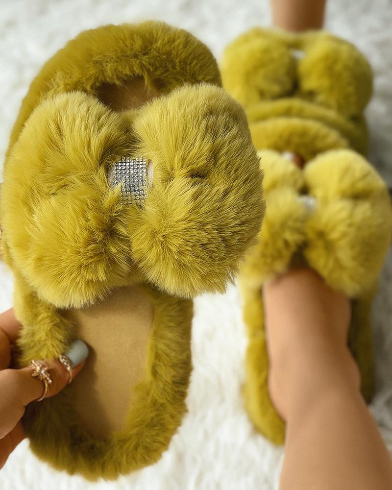 

Fuzzy Bowknot Design Slippers, Yellow