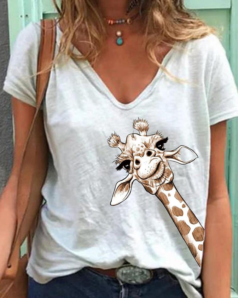 

Giraffe Print Short Sleeve T-shirts, White