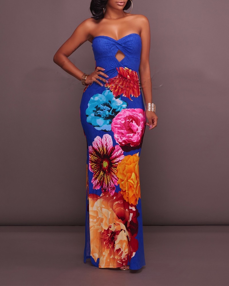 

Floral Print Cutout Ruched Bandeau Slit Dress, Blue