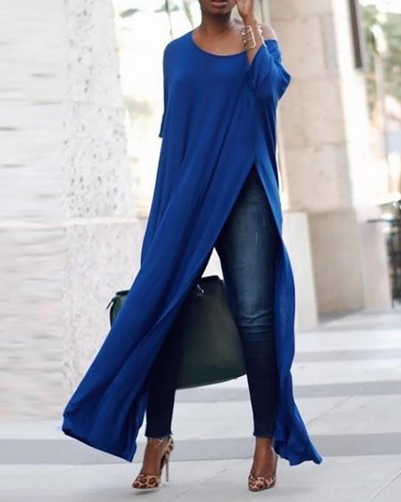 

Round Neck Long Sleeve High Slit Maxi Dress, Blue