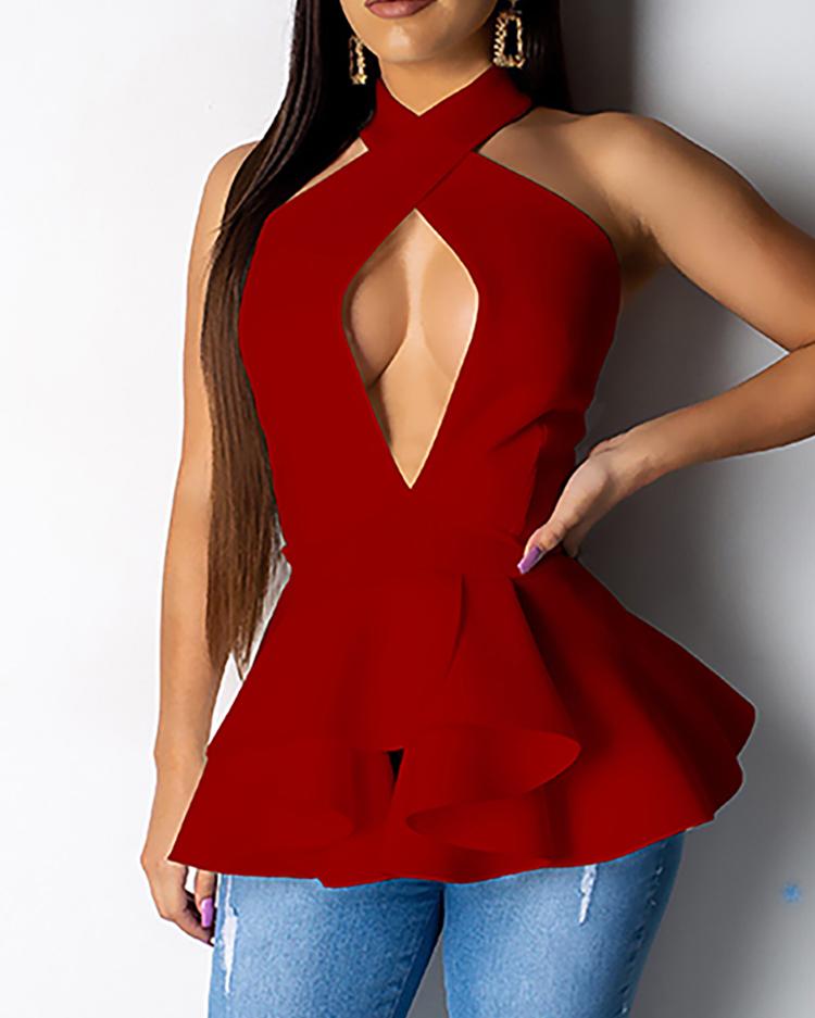 

Crisscross Halter Open Back Ruched Blouse, Wine red