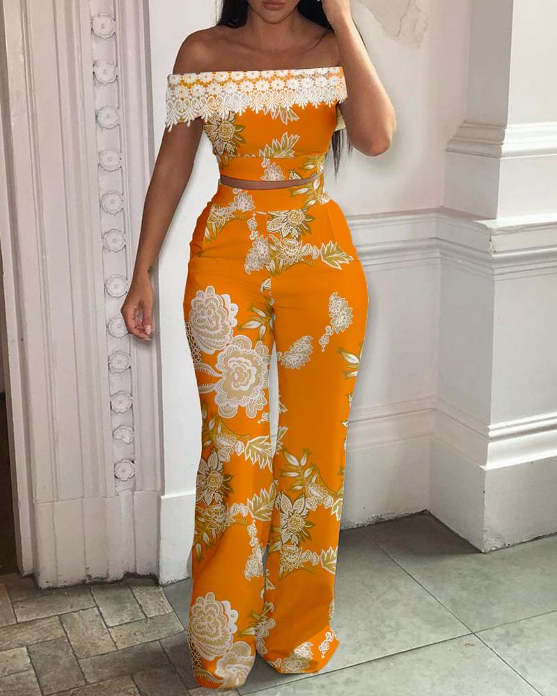 

Floral Print Lace Trim Off Shoulder Crop Top & Pants Set, Orange