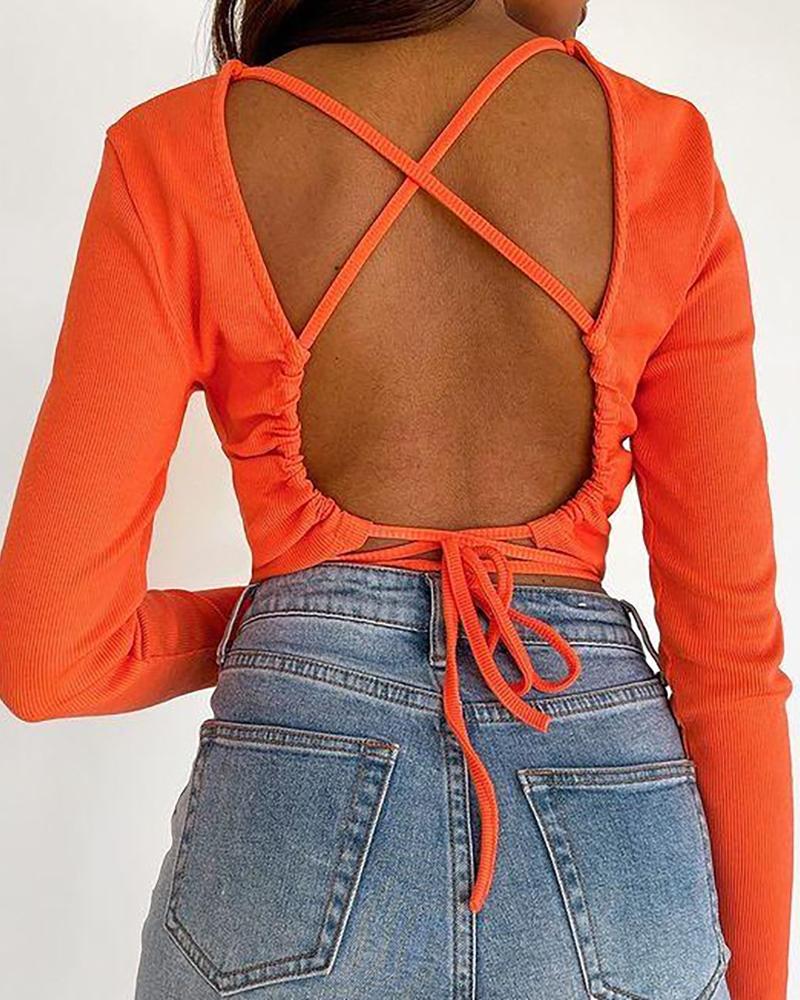 

Ribbed Criss Cross Tied Detail Long Sleeve Top, Orange