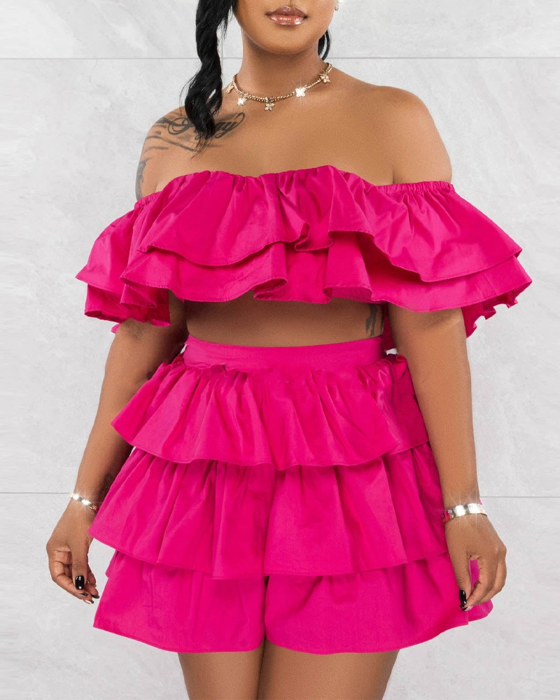 

Layered Ruffle Hem Off Shoulder Top & Shorts Set, Hot pink