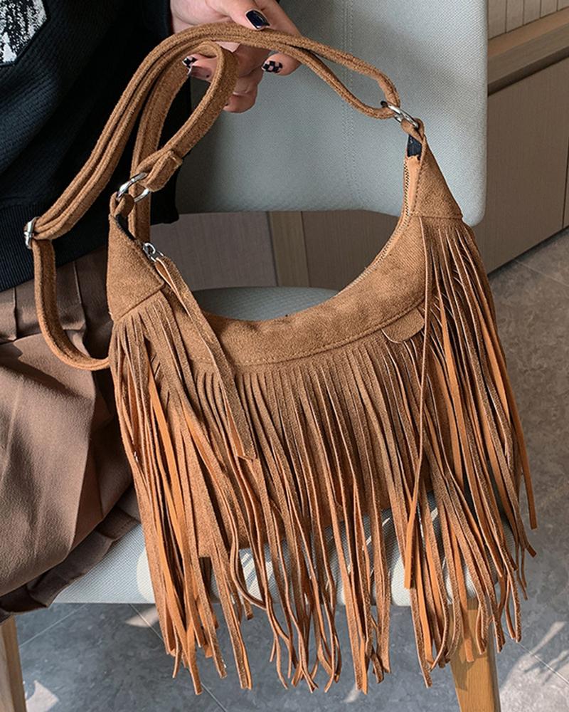 

Large Capacity Tassel Design Micro Suede Crossbody Bag, Brown