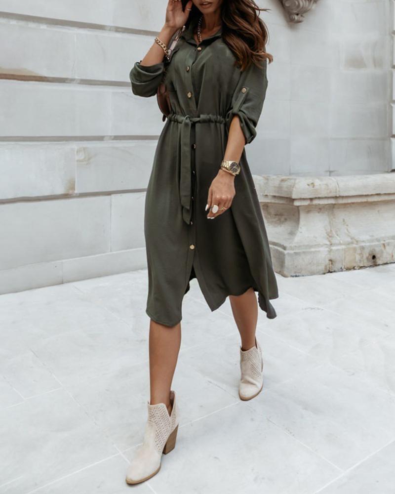 

Long Sleeve Button Design Tied Detail Shirt Dress, Green