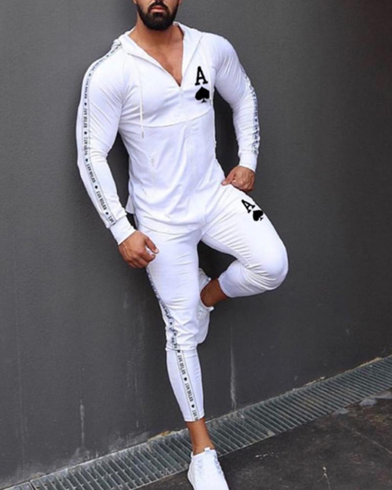 

Solid Color Splicing Poker&Letter Print Long Sleeve Active Sets, White