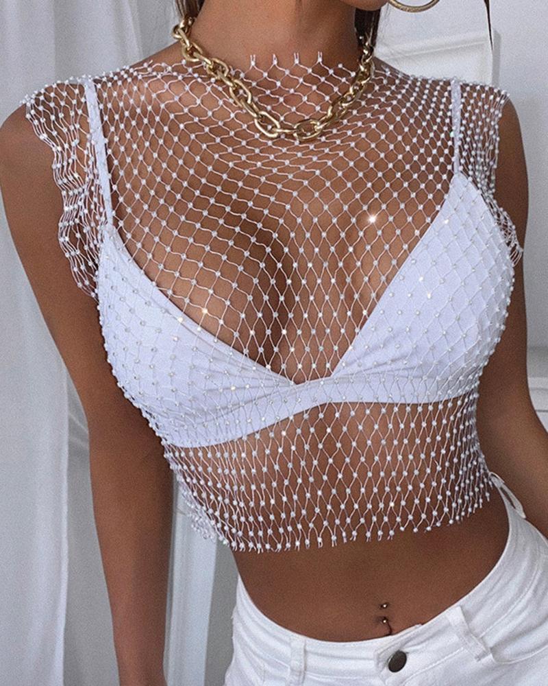 

1pc Rhinestone Fishnet Sleeveless Tank Body Chain, White