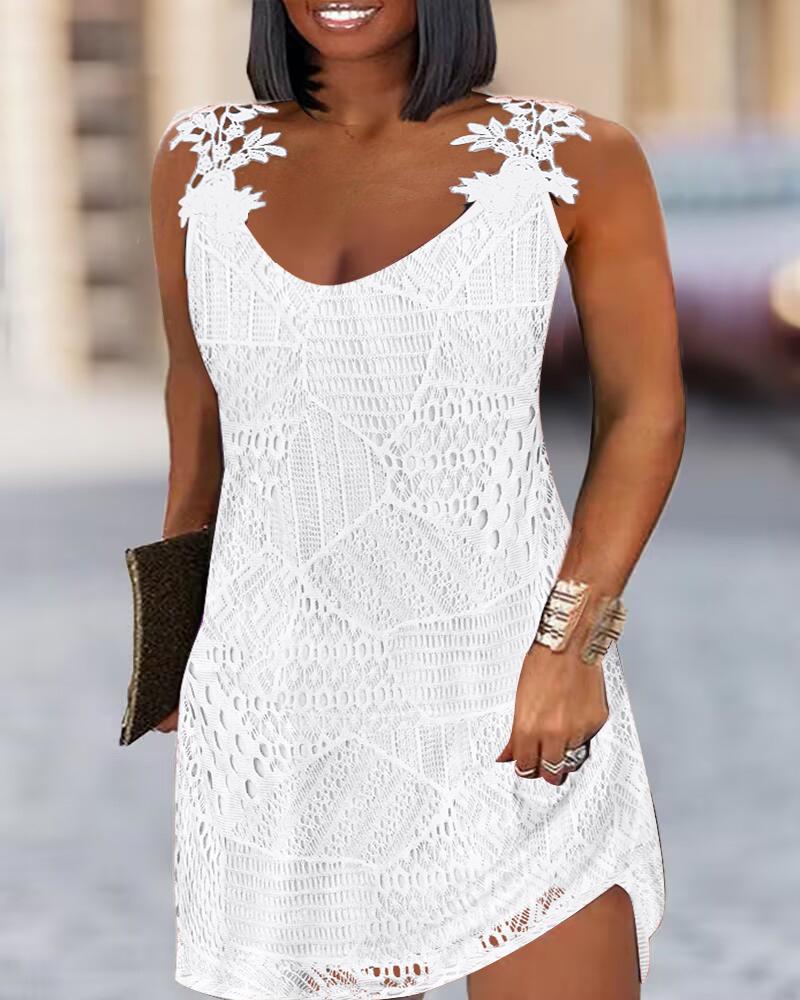 

Plus Size Lace Patch Sleeveless Casual Dress, White