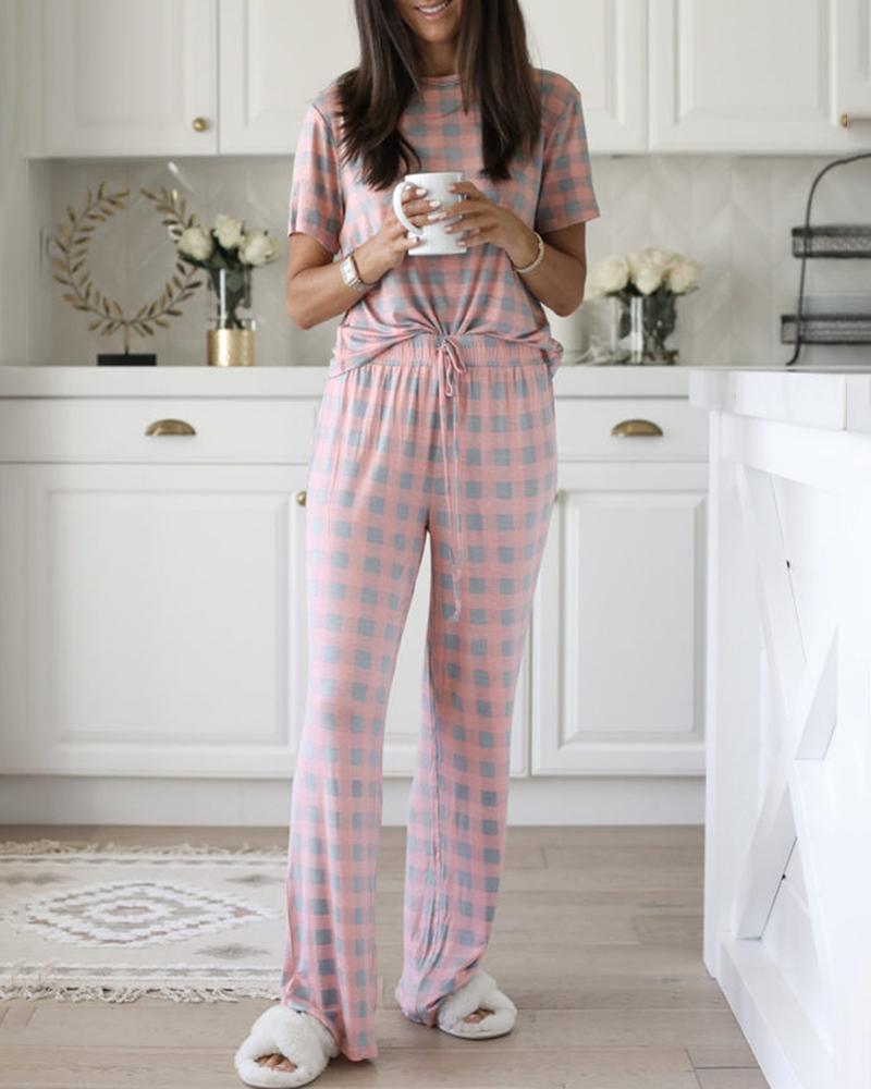 

Star Print Drawstring Short Sleeve Pajamas Set, Pink