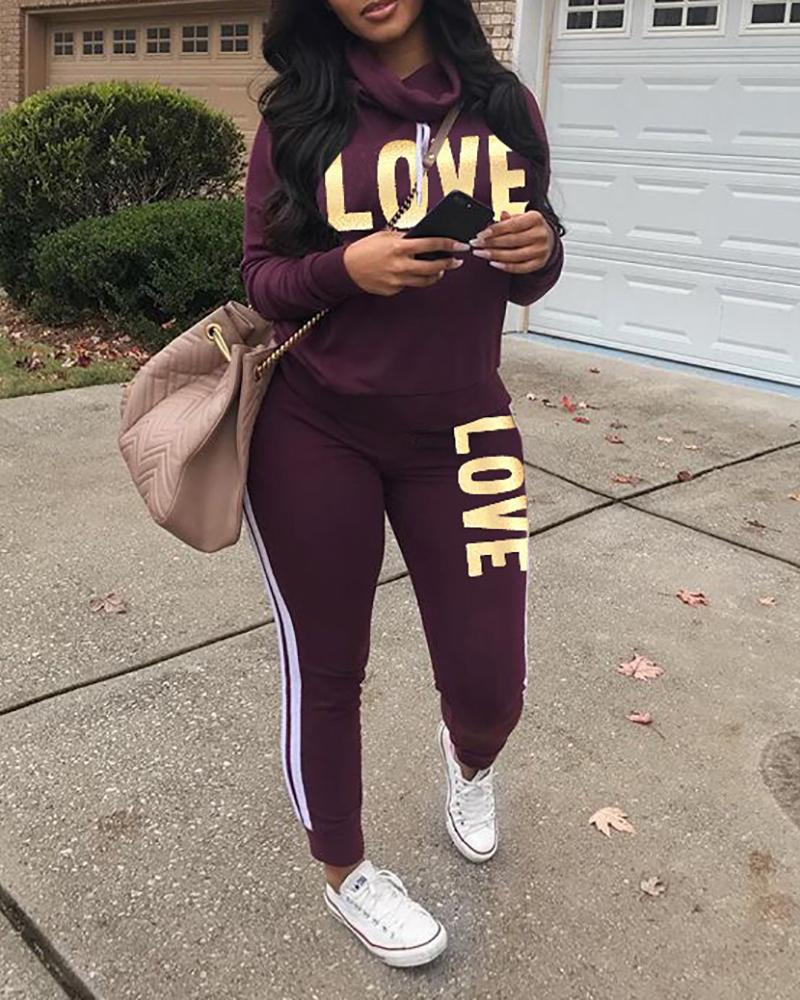 

Letter Print Long Sleeve Top & High Waist Pants Set, Purple