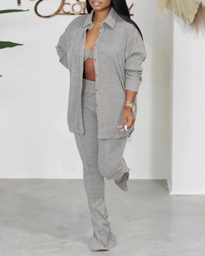 

3PCS Ribbed Button Down Shirt & Pants Set With Crop Top, Gray