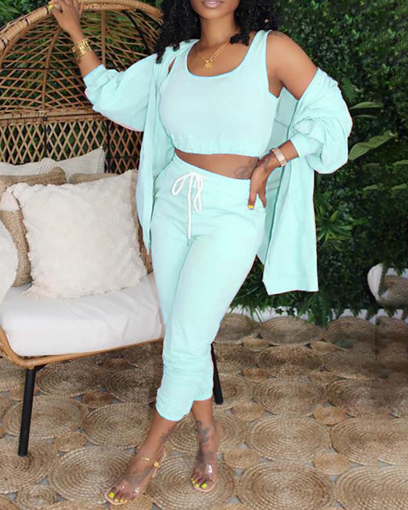 

Casual Top & Drawstring Pants & Cardigan Set, Light blue