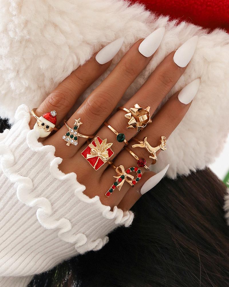 

8pcs Christmas Santa Tree Gift Elk Candy Cane Rings Set, Red