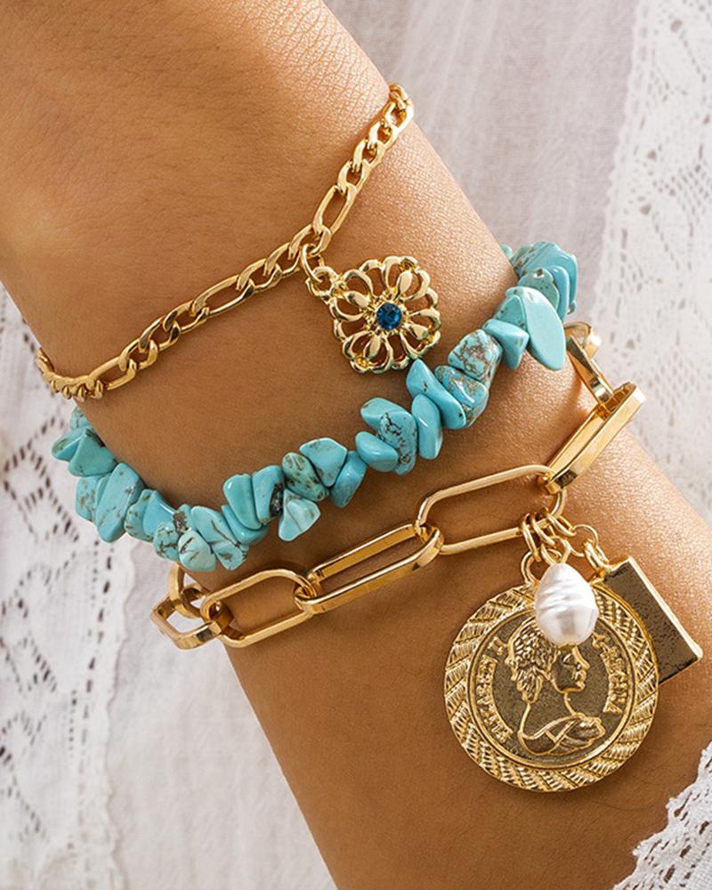 

3pcs Beaded Turquoise Floral Disc Pattern Bracelets Set, Gold