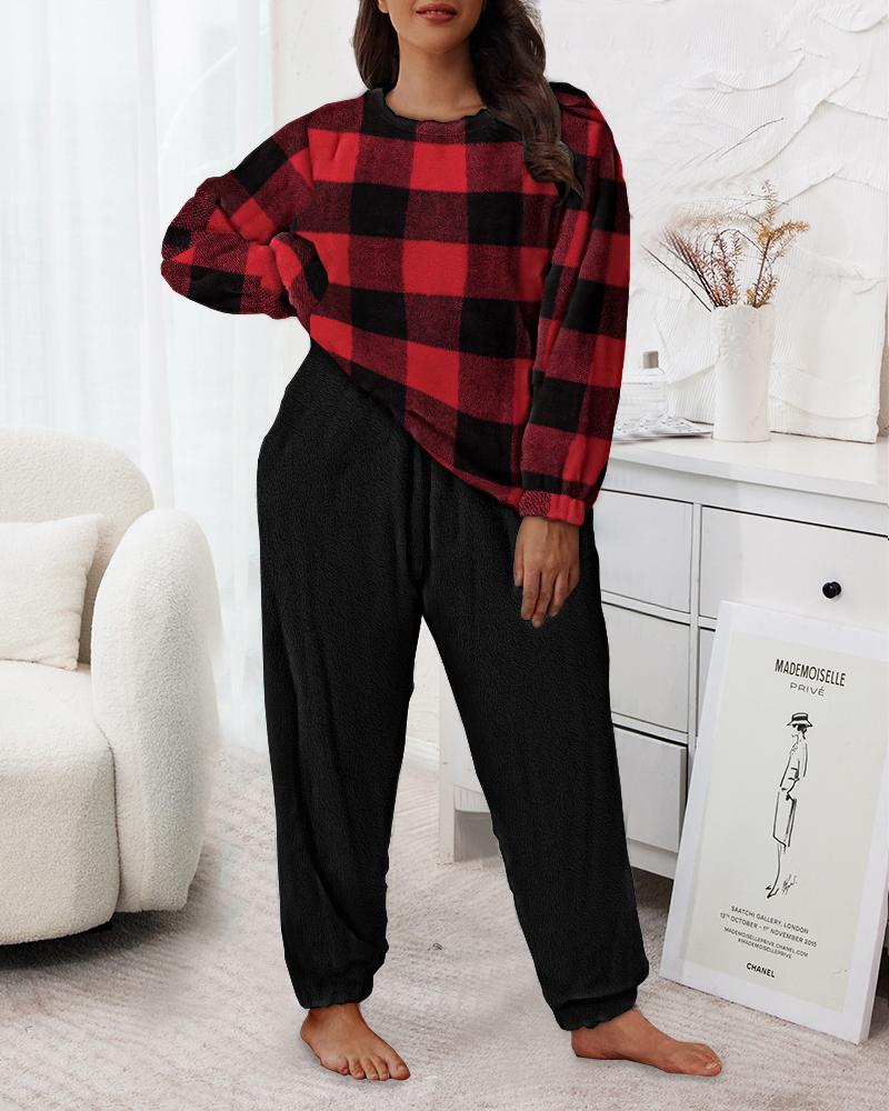 

Plus Size Plaid Pattern Fuzzy Cuffed Pajamas Set, Black